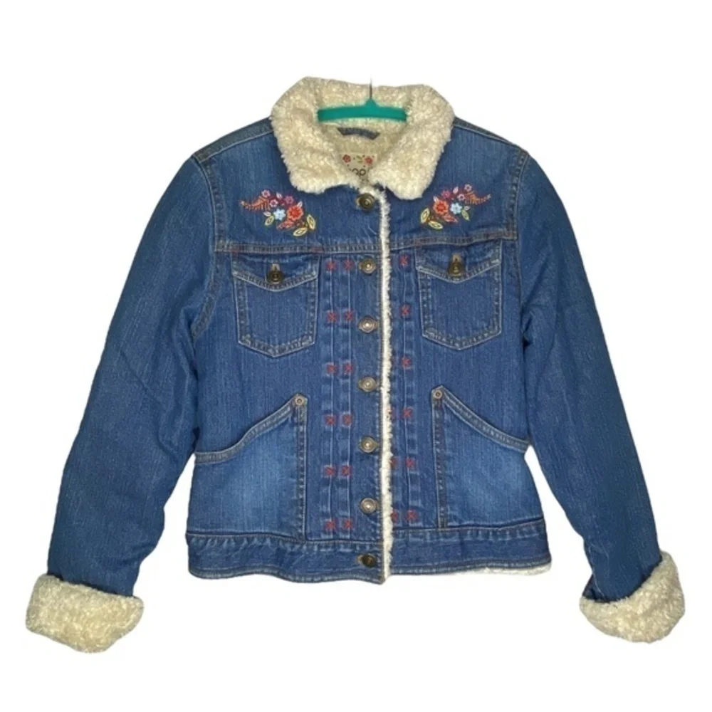 GAP Girls Jean Jacket Denim Blue Faux Sherpa Lined Floral Embroidered Size XL 12